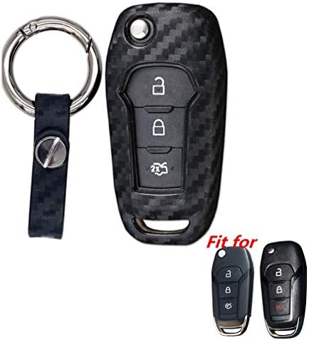 New Silicone Carbon Fiber Pattern Smart Key Fob Case Cover Bag with Keychain Fit 3 Buttons Keyless Entry of Ford Explorer F150 F250 F350 F450 F550 (FCC ID: N5F-AO8TAA / P/N: 164-R8130)