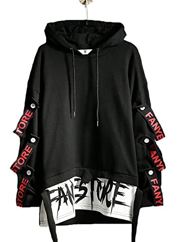 Hello MrLin Sudadera con capucha para hombre estilo hip hop japonés Harajuku Streetwear Techwear Urban Pullover, Negro, S
