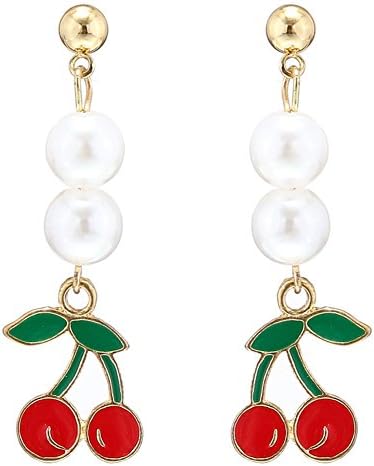 18K Gold Plated Two Imitation Pearl Pineapples/Cherry/Watermelon/Strawberry Women Long Tassel Dangle Earrings (Cherry)
