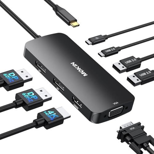 USB C Docking Station Dual DisplayPort, USB Hub mit 2 DP, HDMI, VGA, USB C 2.0, A 2.0, PD Ladeanschluss, Multi-Monitor-Adapter für Dell/HP Laptops, Sc