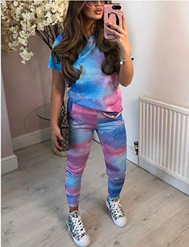 Akmipoem Jogging Suits for Women Casual 2 Piece Tracksuit Outfits Short Sleeve Tops & Bodycon Pants Set, Blue&Purple L