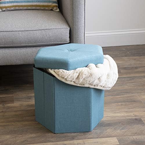 Humble Crew Hexagonal Upholstered Collapsible Storage Ottoman, Blue