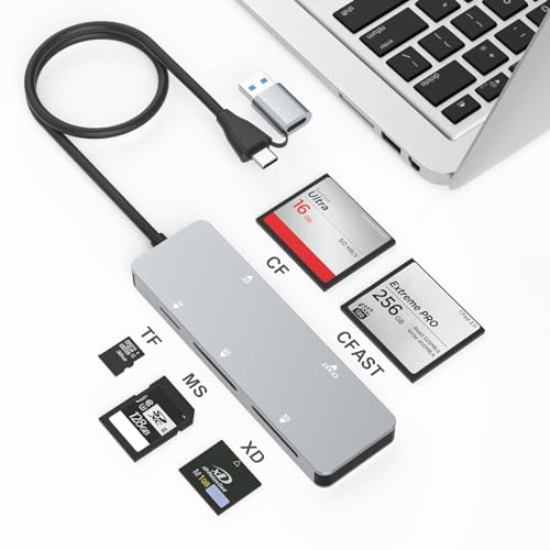 Yeemie CFast Card Reader, USB 3.0 USB C CFast 2.0 Card Reader,5Gbps Aluminum High Speed CFast Memory Card Adapter for CFast/CF/SD/TF/XD, Simultaneous Reading of 5 Cards