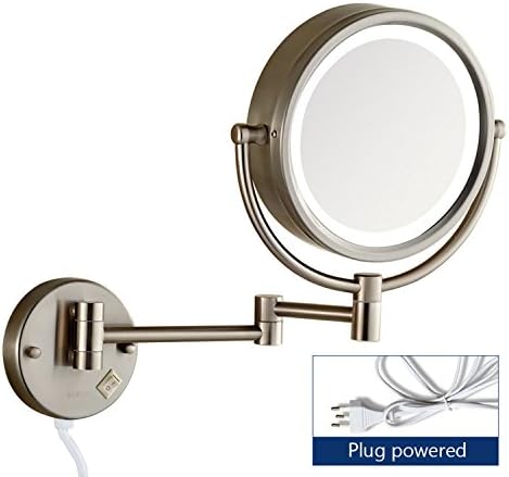 Gecious Wall Mount Magnifying Mirror with Light with 10X Magnification/LED Lighted/8 inches/Double Sided/Powered By Plug/Nickel finished