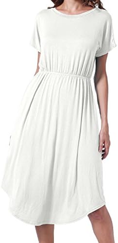 Succlace Womens Summer Short Sleeve Pocket Loose Swing Casual Midi Dress White S