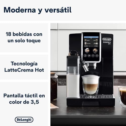 De'longhi dinamica plus ecam382.70.b, máquina automática de grãos de café, máquina de cappuccino com hot lattecrema, cafeteira expresso feijão para xícara com 18 receitas, tela tft de 3,5 ", 1450 w, preta