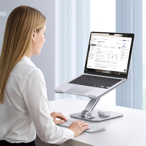 OMOTON Aluminium Laptop Stand, Height Adjustable, Ergonomic Foldable Notebook Stand, Laptop Holder for Laptops such as MacBook Pro/Air (11-16 Inches), Silver