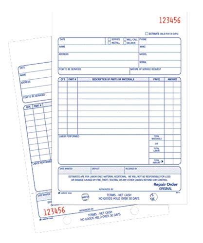 Adams Repair Order Book, Carbonless, 2-Part, White/White, 5-9/16 x 8-7/16 Inches, 50 Sets (D5084)