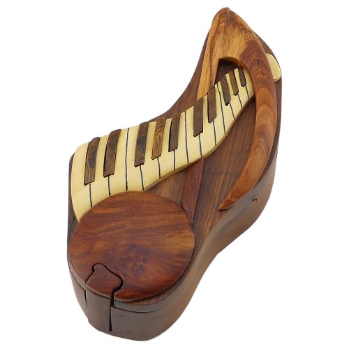 Intarsia Hand Carved Wood Trinket / Jewelry Box - Note & Keyboard