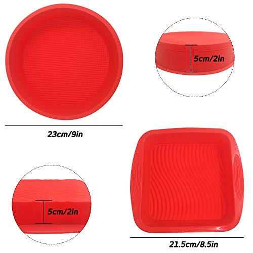 Set of 2, Silicone Cake Baking Pan, findTop Square Shape 8.5 Inch Cake Mold and 9 Inch Round Shape Non-Stick Bakeware Mold, Red