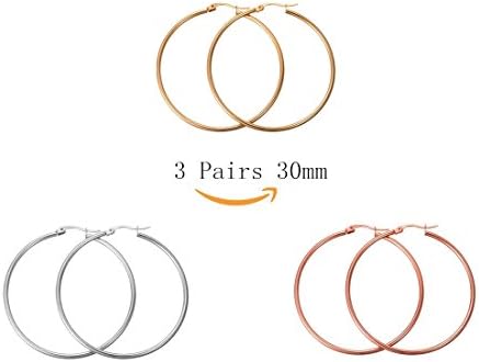 Anqifull 3 Pairs a Set Stainless Steel Hoop Earring for Women Girls 3 Colors 30mm