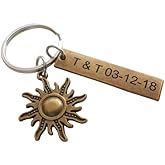 Custom Bronze Sun Charm Keychain with Engraved Tag, Personalize Sunshine Keychain