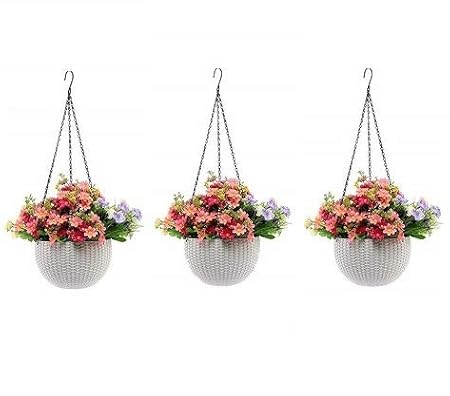 Round Gamla Pot Flower Hanging Round Rattan Woven Plastic Flower Hanging Basket Beautiful Pot for Garden Balcony (3 Pcs, White)