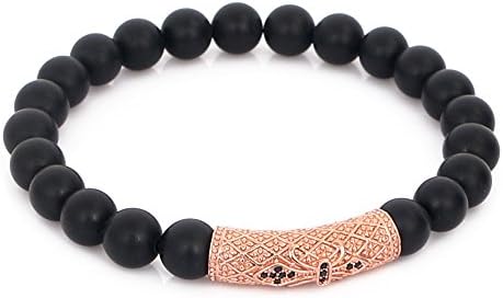 LOLOJ 8mm Matte Agate Stone Beads with Micro Pave Black Cz Silver Plated Heart Cross Tube Beaded Mens Bracelets