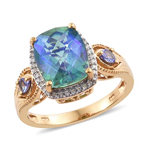 925 Sterling Silver Vermeil Yellow Gold Plated Peacock Quartz Tanzanite Ring for Women and Girls