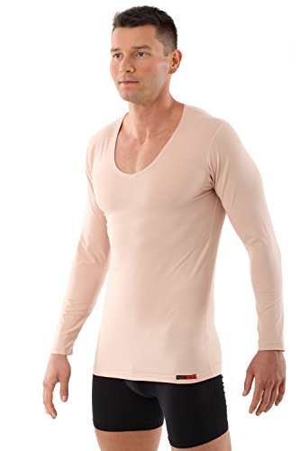 ALBERT KREUZMen's Invisible v-Neck Business Undershirt with Long Sleeves Stretch Cotton Nude Beige