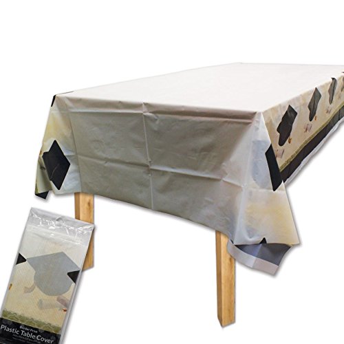 Creative Converting Border Print Plastic Tablecover, 54 x 102", Cap and Gown, Black/White/Gold