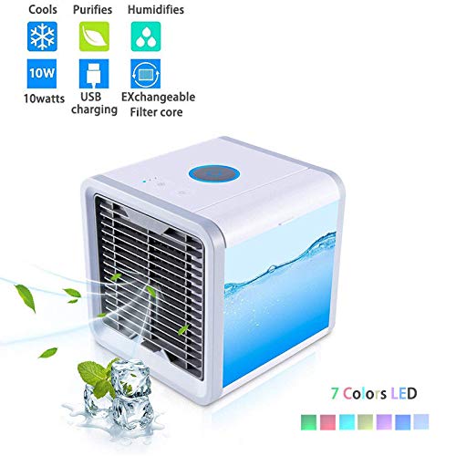 Air Conditioner Fan, Personal Space Air Cooler Desktop Fan Mini Air Circulator Purifier Cooler with Portable Handle and Night Light for Home Room Office Outdoors(White)