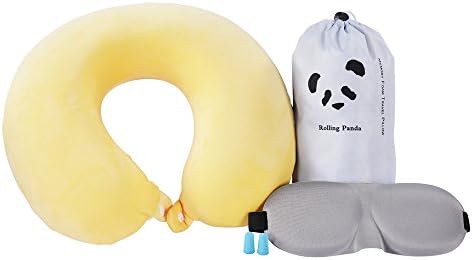 Rolling Panda-100% Pure Memory Foam Travel Neck Pillow With Sleep Mask, Earplugs, Carry Bag - Washable Cover (Yellow)