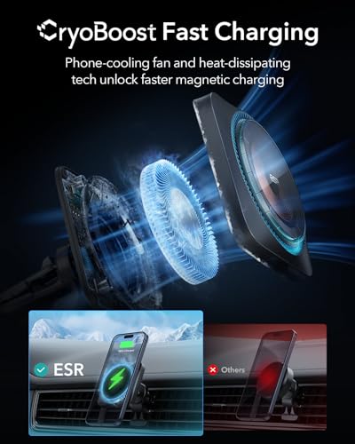 ESR for MagSafe Car Mount Charger with CryoBoost, Phone Cooling MagSafe Car Charger, Magnetic Wireless Car Charging, Air Vent/Dashboard Car Phone Holder for iPhone 17/16/15/14/13/12,S25, Fast Charging