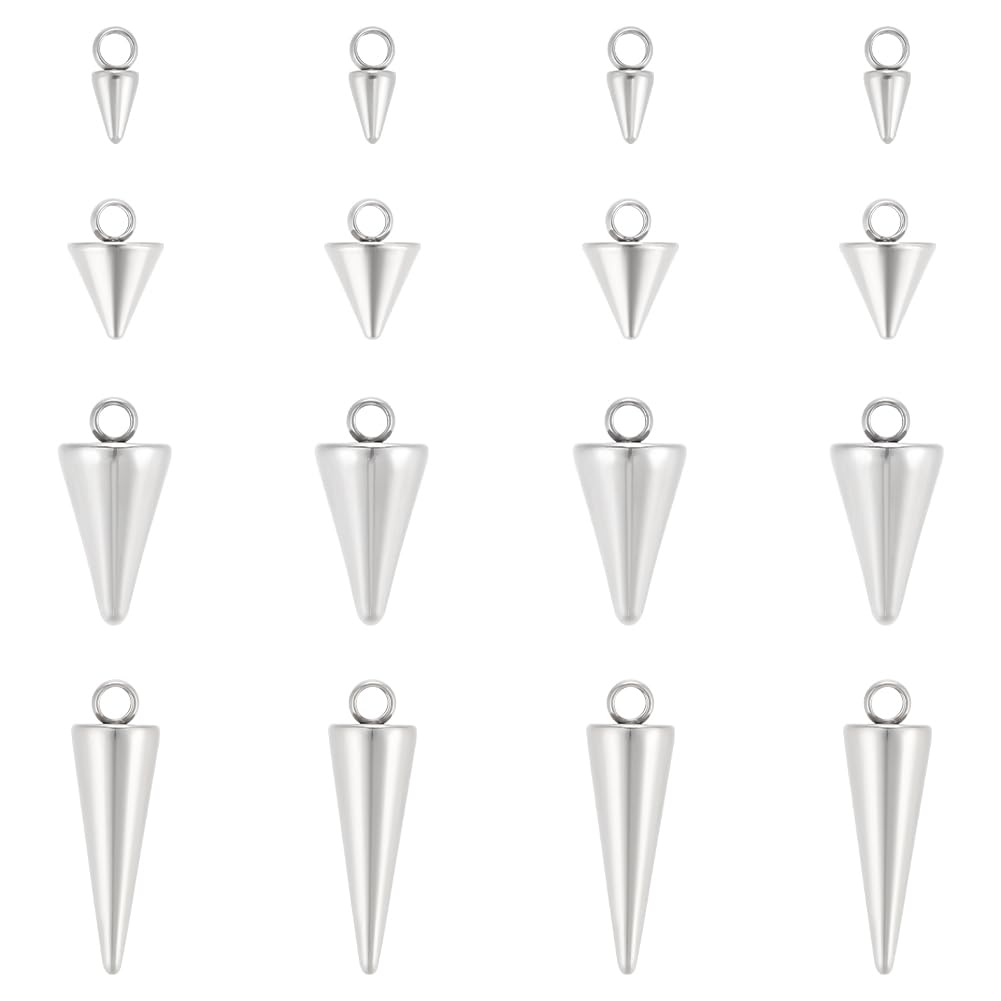 UNICRAFTALE 48pcs 4 Sizes Cone Charms 6.5-18mm Spike Pendants Punk Stainless Steel Charms Small Hole Cone Pendants for DIY Earring Jewelry Making