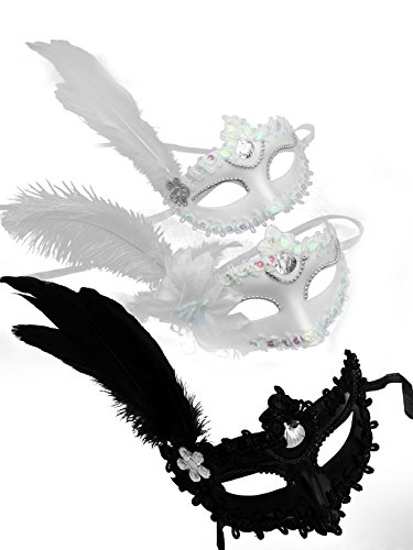3 Pack Lace Sexy Mask Masquerade Party Costume Mask with Feather white&black