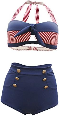 XYOO Tankini Womens Vintage High Waisted Spliced Halter 2 Pieces Bathing Swimsuit Pin-Up Retro Bikini Beachwear Set (L)