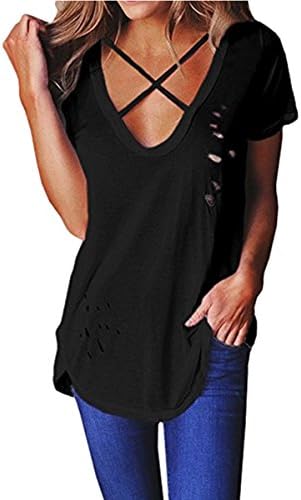 FShop365 Women's Sexy Hollow Out Short Sleeve Cross Front Loose Fit T Shirt Tops