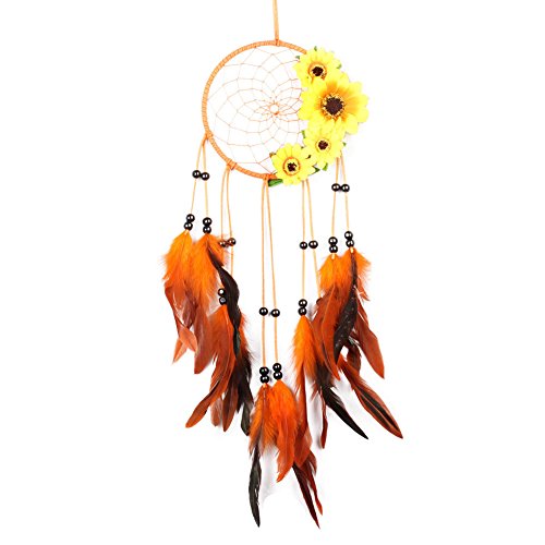 Olpchee Handmade Dream Catchers with Feathers Sunflower Wall Hanging Decoration Ornament Gift for Car, Balcony, Bedroom, Living Room Orange