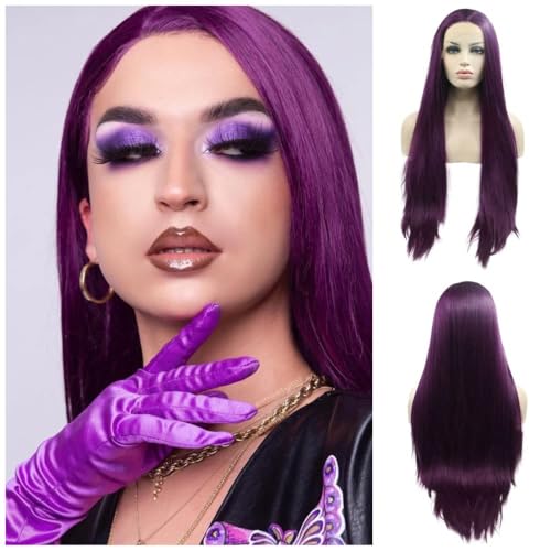 RainaHair 24 Inches Heat Resistant Synthetic Lace Front Wig Purple Bright Color Natural Look Hair Cosplay Halloween Makeup Purple Long Straight Wigs for Women Mermaid… (Dark Purple) — image 1
