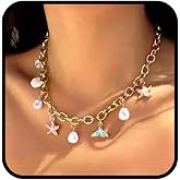 Ursumy Boho Beach Necklace Shell Starfish Necklace Layered Sun Necklaces Mermaid Costume Jewelry Beach Jewelry for Women (Pink)
