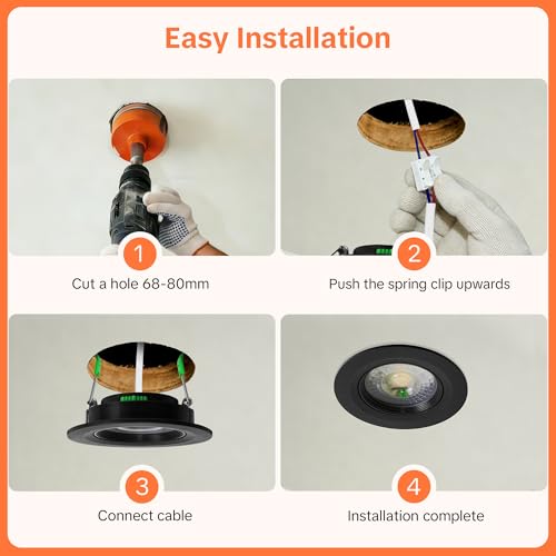 Aulaiyi LED Downlight Recessed Ceiling Dimmable 230V, 5W 500LM LED Spotlights Indoor Rotable Ceiling Warm White Neutral White Cool White, IP44 Extra Flat Portholes, Cut 68-80mm, Black 10 Pack