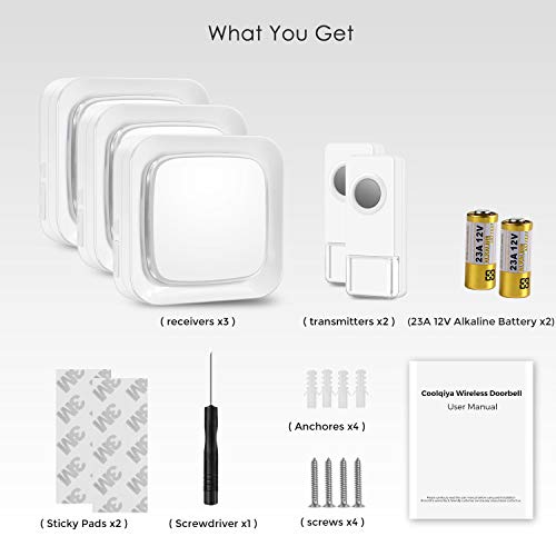 Wireless Doorbell Coolqiya Door Bell Chime with 2 Waterproof Transmitters and 3 Plug-in Receivers for Home 52 Ringtones