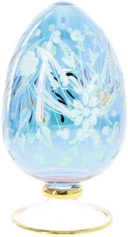 Blue Egyptian Blown Glass Decorative Egg with Frosted Etched Floral Design