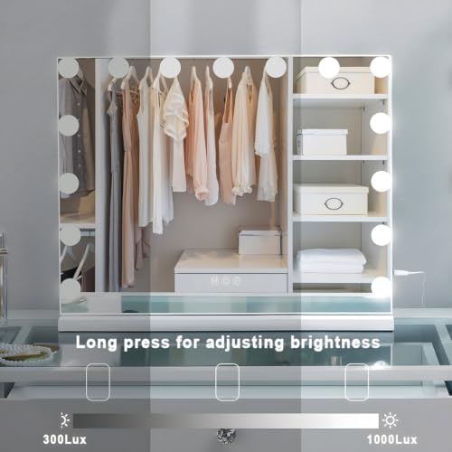 FENCHILIN Vanity Mirror with Lights, Hollywood Lighted Makeup Mirror with 15 Dimmable LED Bulbs for Dressing Room & Bedroom, Slim Metal Frame Design, White