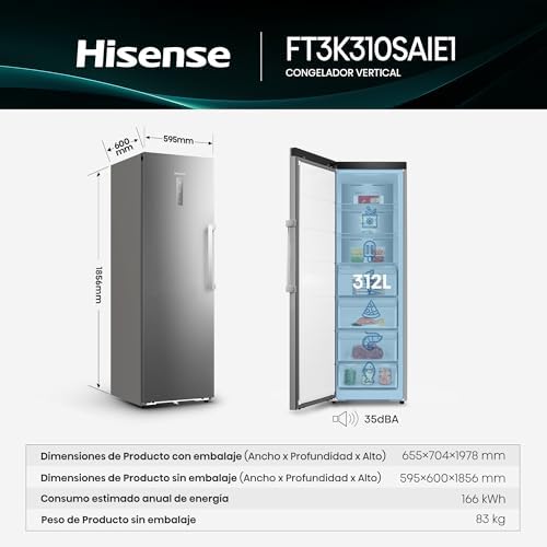 FT3K310SAIE1 - Congelador Una Puerta Total No Frost Kitchen Fit, 312L, 186cm, Ventilación Inferior, Apertura de Puerta 90º, Metal-Tech Cooling, Tirador de Apertura Fácil, WiFi, Inox