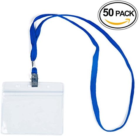 XGpie 3.7X2.5 Inch Waterproof Type Top Quality Clear Plastic ID Holder and 50 Pcs Blue Lanyard, Horizontal Name Tag Badge for School Office