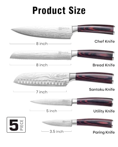 PAUDIN Juego de cuchillos de cocina sin bloque, juego de 5 cuchillos de cocina de acero inoxidable con mango Pakkawood, juegos de regalo profesional de cocina para amantes de la cocina y días más