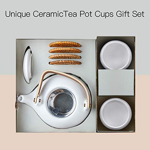 ZENS Japanische Teekanne mit Siebeinsatz, Modern 800ml Matte Weià Teeservice Keramik mit 4 Tassen und Rattan Untersetzer, Hanfseilgriff Teeservice für Losen Tee Stepper, Geschenk für Teeliebhaber – Bild 8