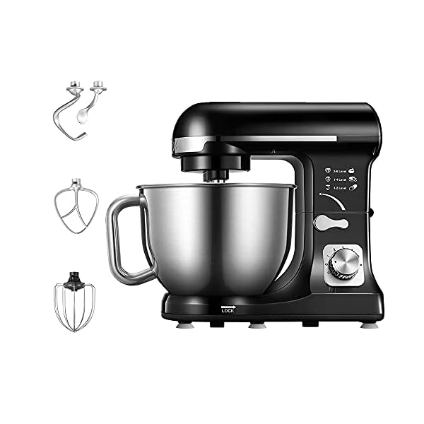 Stand Mixer, Aicok Dough Mixer 1000W with Double Dough Hooks, Whisk, Beater, Pouring Shield, 5L Stainless Steel Bowl, 6 Speed Tilt-Head Food Mixer, Kitchen Electric Mixer