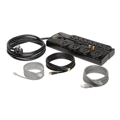 Tripp Lite 12 Outlet Surge Protector Power Strip, 8ft Cord, Right-Angle Plug, Tel/Modem/Coax/Ethernet Protection, RJ11, RJ45, & $250,000 INSURANCE (TLP1208SAT)