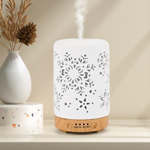 GuKKK Ceramic Essential Oil Diffuser Humidifier, 100 ml Silent Ultrasonic Aromatherapy Humidifier, with Timers and 7 LED Colours, for Home Office Bedroom