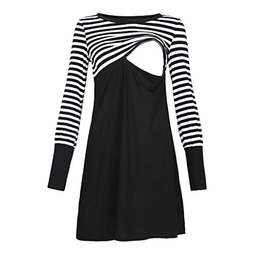 Women Striped Patchwork Nursing Midi Dress,Crytech Maternity Double Layer Round Neck Side Ruched Pregnancy Sleepwear Nightgown for Breastfeeding Convertible Hospital Delivery Gown (Medium, Black)