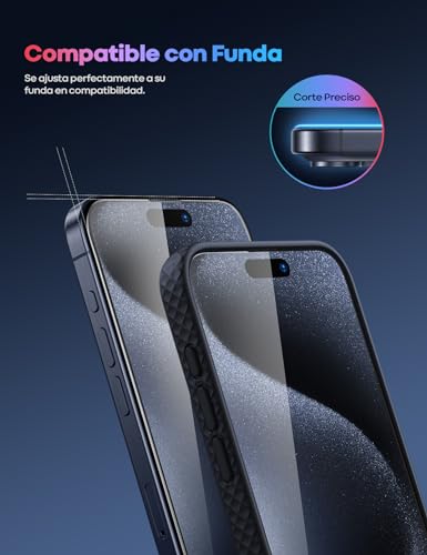 Lamicall Mica para iPhone 15 Pro Max, [Top 9H Película de Vidrio Templado] Protector de Pantalla para iPhone 15 Pro Max (6.7"), Marco de Instalación Fácil, 0 Burbujas, AntiHuellas - 2 Piezas