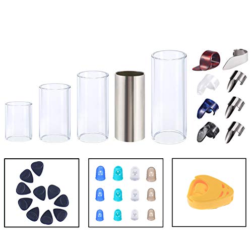Guitar Slides Set Glass Slide Stainless Steel Slide 8 Pcs Thumb Finger Picks 10 Pcs Guitar Picks 12 Pcs Finger Protectors with Box Gift for Guitar Bass Ukulele Banjo Player (Model: B) - Thumbnail 7