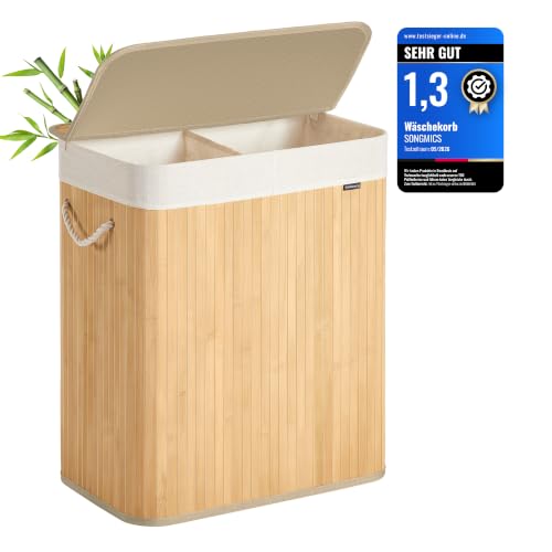 SONGMICS Wäschekorb 2 Fächer, 100 L, mit Deckel, faltbar, Bambus