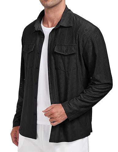 ZAFUL MENS LONG SLEEVE CUBAN GUAYABERA STYLE EYELET BUTTON DOWN SHIRTS CASUL LIGHTWEIGHT WRINKLE FREE BUTTON UP DRESS SHIRT BLACK