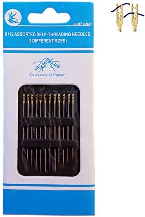 Set of 12 Milliners Hand Needles, Self-Threading = Quick and Easy, 3 Sizes for Sewing & Embroidery, Plated Steel with Golden Eye