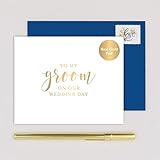 To My Groom on Our Wedding Day Card for Husband, Handmade White Card Stamped with Gold Foil - Calligraphy Design with Navy Blue Envelope …