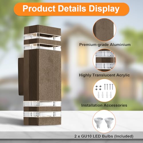 CELAVY Outdoor Wall Lights Mains Powered Outside Up Down Lights, IP65 LED Porch Front Door Light, Waterproof Square GU10 Exterior Modern Lighting External Electric Sconce Lamp for House, Brown